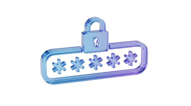 Password security icon with padlock and asterisk symbols. Blue glass 3D render isolated on transparent background