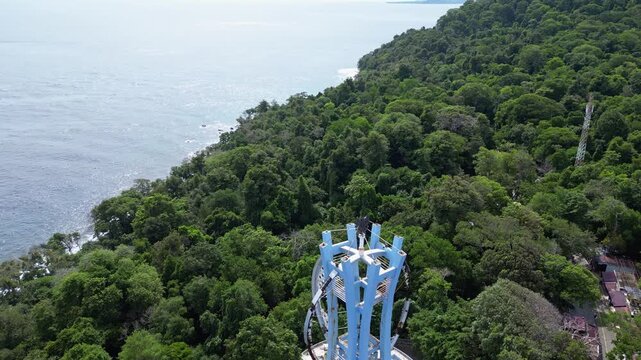 Pulau Weh, Indonesia : Aerial drone footage of 0 kilometer monument in Weh island of Aceh, Indonesia. Taken with backward motion with wave from Andaman sea breaks into rocky coastline