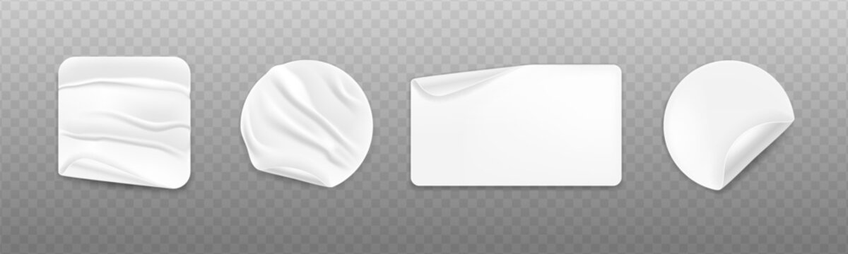 Sticker mockup collection of round white labels with realistic peel and fold effects. Paper tags with curled corners, 3D badges and adhesive notes for price displays and sale promotions.