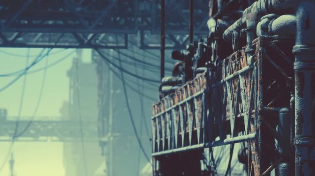 Amidst an abandoned factory, weathered metal beams rise against a hazy background, creating an atmosphere of forgotten stories and lost time, evoking industrial nostalgia.
