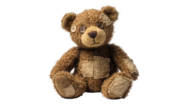 Brown teddy bear with button eyes and fabric patches, isolated on transparent background