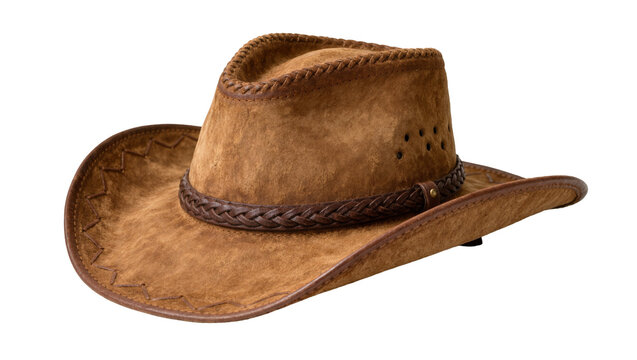 Brown suede cowboy hat with braided leather band, isolated on transparent background