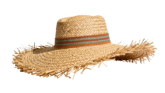 Woven straw sun hat with frayed brim and decorative band, isolated on transparent background