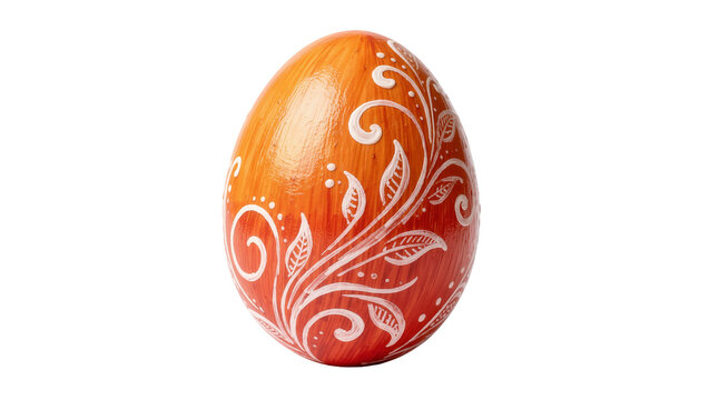 Orange and red painted Easter egg with white floral pattern, isolated on transparent background