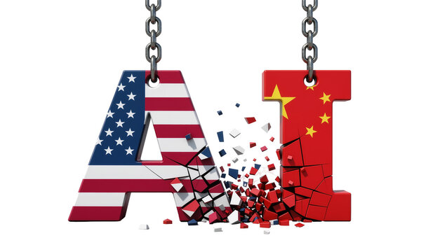 USA and China flags forming AI letters, breaking apart isolated on transparent background