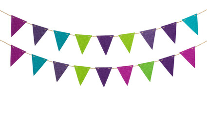 Obraz premium Two rows of colorful felt triangle bunting flags, isolated on transparent background