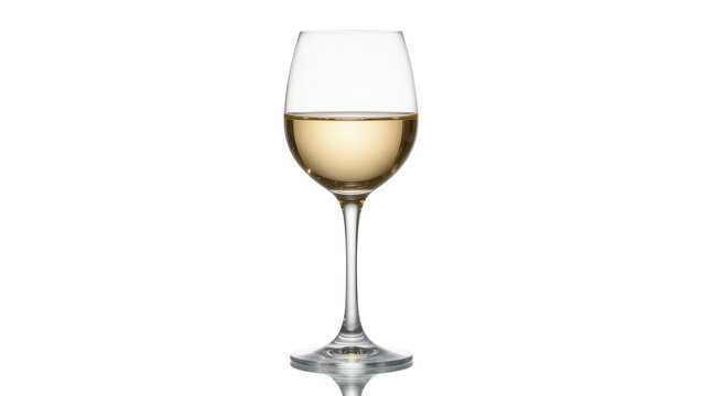 Clear glass goblet filled with pale yellow white wine, isolated on transparent background