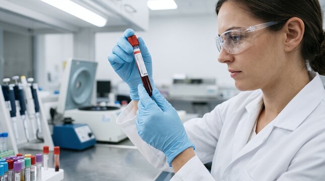 Woman scientist wearing protective goggles holds blood sample tube in sterile laboratory