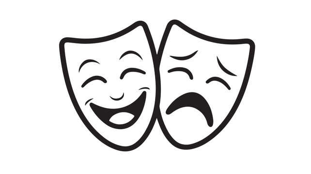 Minimalist theater masks vector illustration featuring iconic comedy and tragedy symbols with clean black outlines on a simple white background