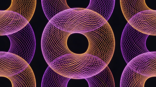 Seamless neon torus knot mesh pattern featuring vibrant violet and amber geometric lines on dark background.