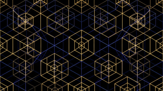 Seamless pattern of 4D tesseract wireframes with glowing gold and blue geometric lines on black for technology backgrounds
