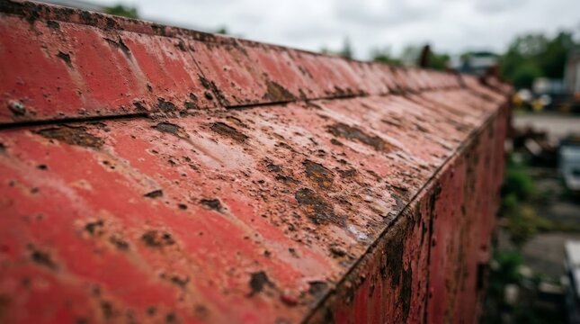 A close up view showcasing a weathered train car featuring heavy rust texture metal across the surface peeling paint and deep corrosion layers in outdoor setting