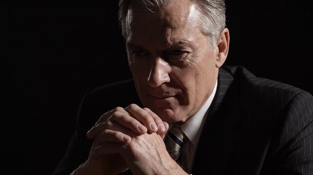 Senior Gray Haired Man In Pinstripe Suit Holds Clasped Hands Near Chin Looking Serious And Reflective On Black Background