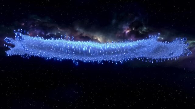 Blue glowing particles flow through a cosmic space, creating a wave-like motion with a backdrop of stars and nebulae, showcasing a mesmerizing visual journey through the universe
