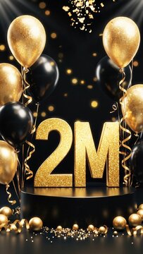 Golden glittering 2M number surrounded by black and gold balloons, confetti falling from above, festive celebration atmosphere with a dark background and shiny decorations