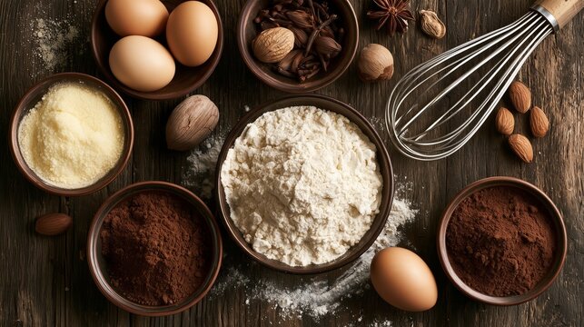Ingredients arranged for baking on a wooden table with eggs, flour, nuts, cocoa powder, and other items