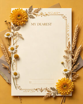 Elegant Floral Stationery Template: "My Dearest" Blank Letter with Golden Chrysanthemums and Warm Autumnal Decor