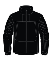 Blank black tactical softshell jacket flat sketch illustration for apparel tech pack design mockup © Khademul