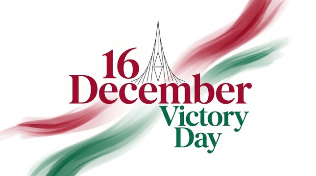 A festive design commemorating Victory Day on December 16, featuring a stylized National Memorial structure icon and elegant red and green brushstroke accents on a clean white background.