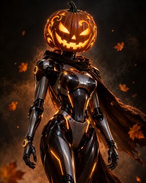 Futuristic female cyborg with glowing carved jack-o'-lantern pumpkin head in dark studio with falling leaves for Halloween fashion editorial and sci-fi advertising