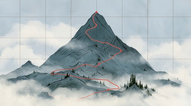 Mountain peak with a winding road leading to the summit surrounded by clouds and trees