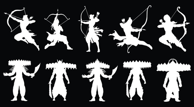 Rama with bow or Ravan white clip art vector illustration silhouettes dussehra, divali, puja, devi, dipawali,