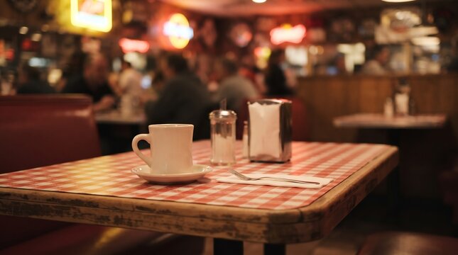 Coffee cup on a checkered table in a blurred vintage diner restaurant interior