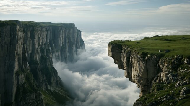 Majestic cliffs rise above clouds in a high-altitude landscape, showcasing natural beauty and dramatic scenery