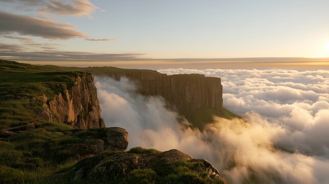 Cliffs rise above the clouds at sunrise with golden light illuminating the landscape