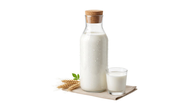 Fresh organic milk in glass bottle with cork, cold dairy beverage in glass, farm fresh milk with wheat stalks and napkin isolated PNG with Transparent Background