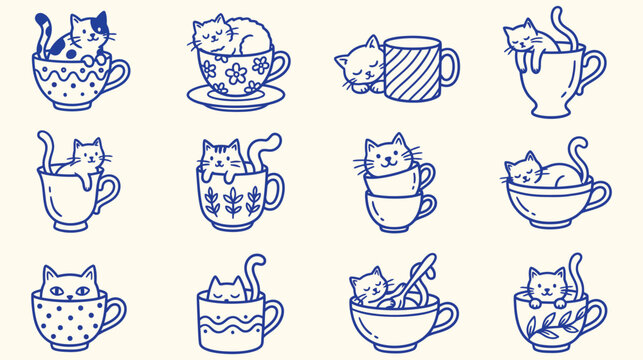 Cats in cups, cute naive style vector set illustration, kawaii cat coffee and tea mug collection