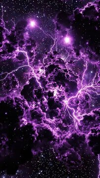 Vibrant purple lightning strikes illuminate dark clouds in a cosmic scene, showcasing the dynamic energy of the universe with stars scattered throughout the background