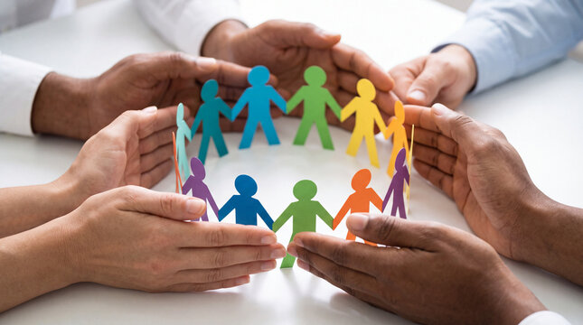 Diverse group of colorful paper people holding hands in a circle, protected by hands representing unity, teamwork, and inclusion