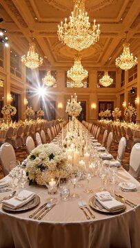 Elegant wedding reception setup featuring long tables adorned with white floral arrangements, candles, and crystal chandeliers in a luxurious banquet hall