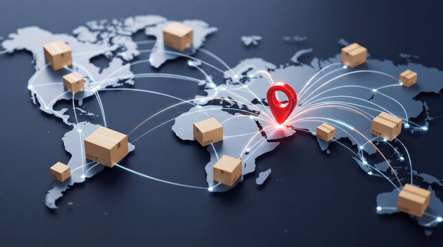 Global logistics and supply chain network connecting cities with cargo boxes, representing worldwide shipping and distribution strategy