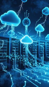 Digital cloud computing concept with glowing blue clouds and data streams connecting to server racks, showcasing a futuristic technology environment with electric energy