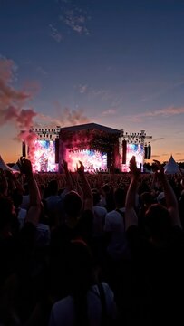 Crowd of enthusiastic concertgoers raising hands in excitement as colorful fireworks illuminate the stage during a vibrant outdoor music festival at sunset
