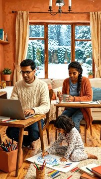 Family of three enjoying a cozy indoor winter day, father working on laptop, mother drawing, and daughter coloring on the floor in a warm living room setting