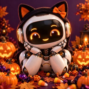 Cute modern robot wearing a black cat costume headpiece with carved pumpkins, candy corn, and autumn leaves, 3D character illustration for Halloween advertising and seasonal cards