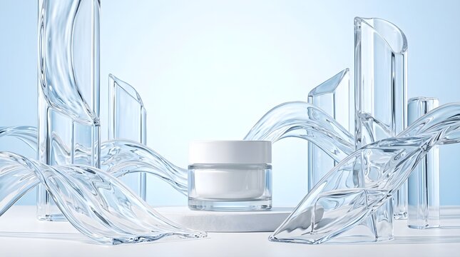 Clear moisturizer cream jar framed by transparent glass water splash panels mockup.