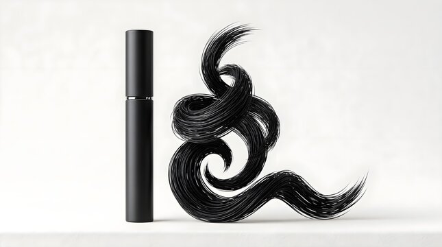 Sleek black mascara tube standing next to swirling lash extension fibers mockup.