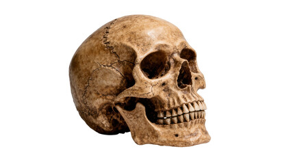 Weathered human skull with visible cracks and sutures, isolated on transparent background © STUDIOP