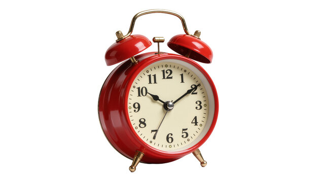 Classic red twin-bell alarm clock with gold accents, isolated on transparent background