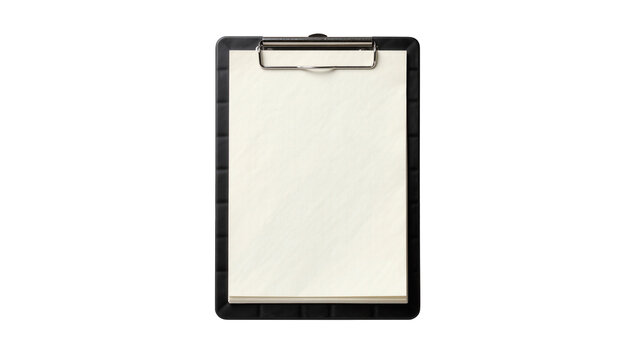 Black clipboard with blank paper sheet and metal clip, isolated on transparent background