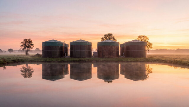 Biogas production and renewable energy, agricultural digester tanks reflected in a rural pond at sunrise with morning mist for sustainable bioenergy and organic waste processing