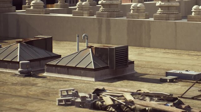 This vibrant rooftop scene showcases various construction materials scattered across a sunlit surface. Nearby, a ventilation unit adds an industrial touch to the setting.