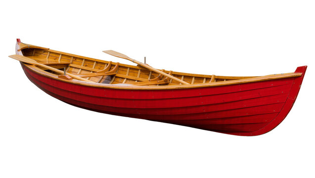 Classic wooden rowboat with oars painted red, isolated on transparent background