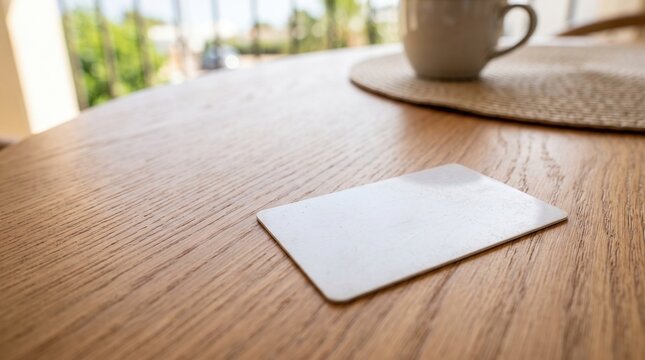 Resort key card on wooden table beside coffee cup. Empty resort key card placed on wooden surface with warm sunlight. Concept of hotel stay and relaxation with resort key card.