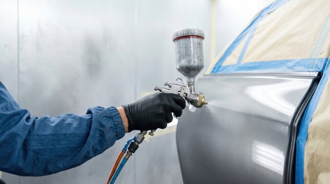 Car body paint application in professional booth with spray gun for automotive repair and restoration. The technician uses spray equipment for a smooth finish and high-quality automotive painting.