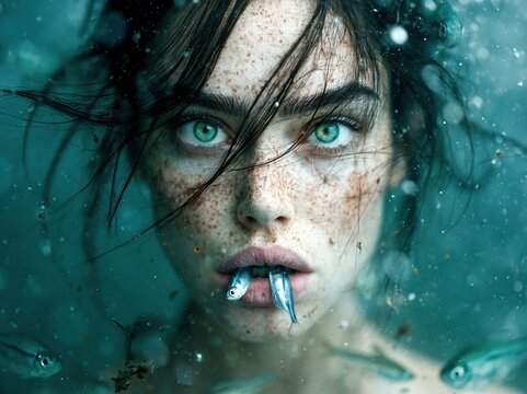Surreal underwater portrait of woman with fish